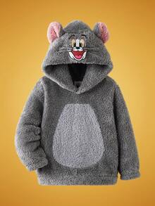 TOM & JERRY X SHEIN بلوزة كاجوال مقنعة بأكمام طويلة مطرزة بشكل كرتوني لطيف ثلاثي الأبعاد للأولاد الصغار - ازرق ضبابي - مشاهدة 1