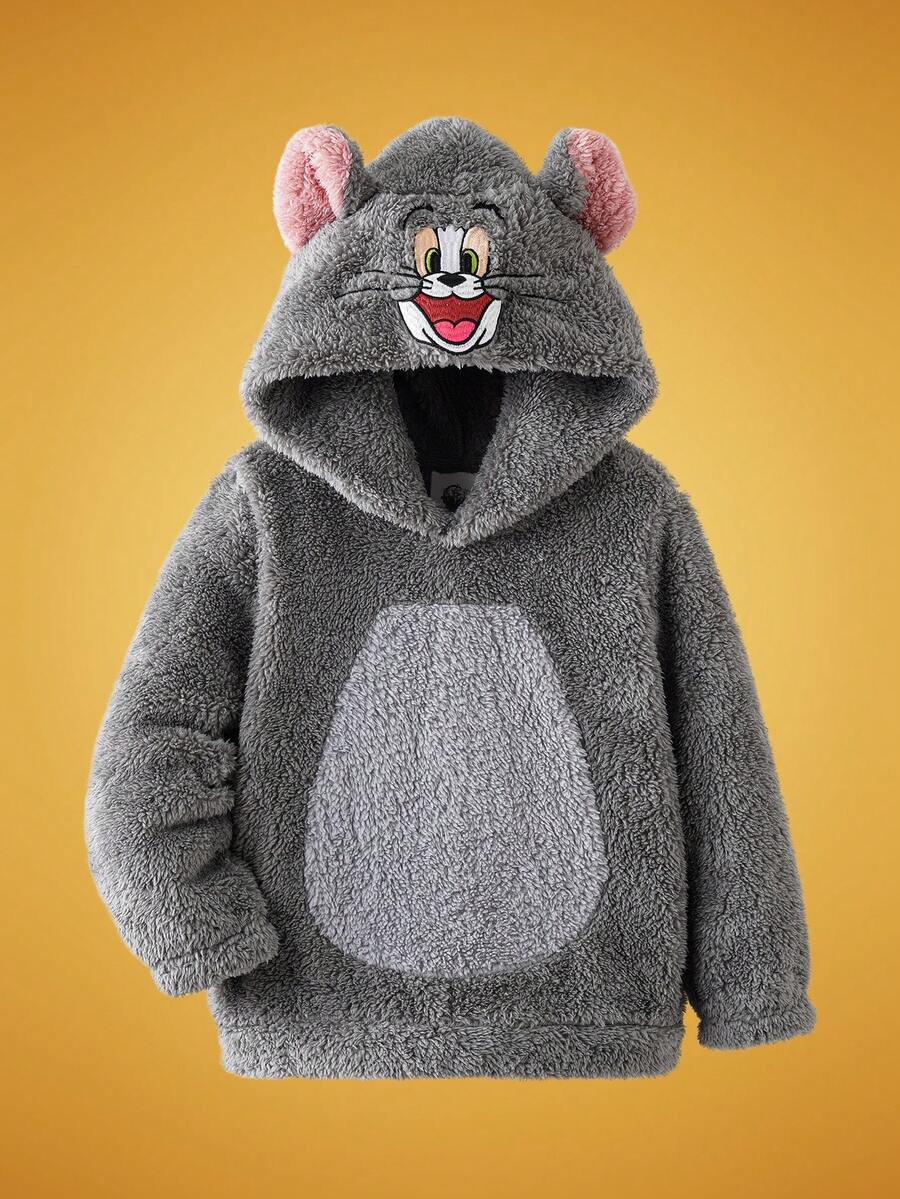 TOM & JERRY X SHEIN بلوزة كاجوال مقنعة بأكمام طويلة مطرزة بشكل كرتوني لطيف ثلاثي الأبعاد للأولاد الصغار - ازرق ضبابي - مشاهدة 1