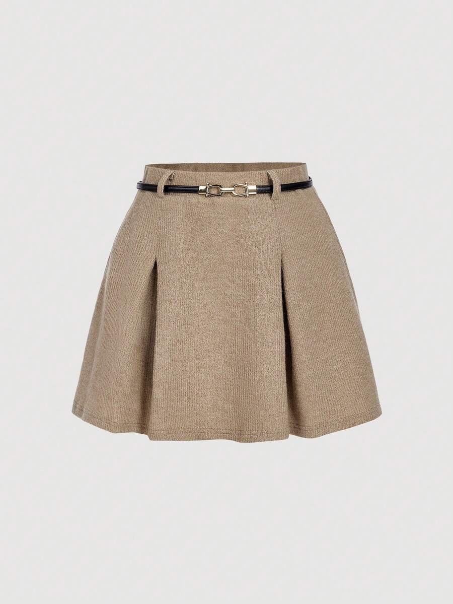 SHEIN MOD Women High Waist Metal Belt A-Line Pleated Knitted Brushed Short Skirt, Autumn/Winter - Khaki - View 1