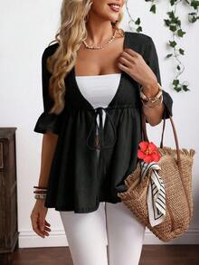 EMERY ROSE Plus Size Women V-Neck Ruffle Tie Flare Sleeve Casual Jacket Top - Black - View 1
