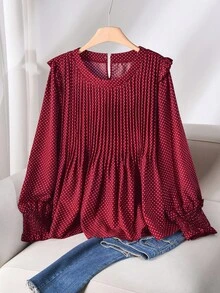 CosyJoli Plus Size Women's Polka Dot Round Neck Long Sleeve Plus Size Camel Colored Sweater/ Spring Fall - Red - View 1