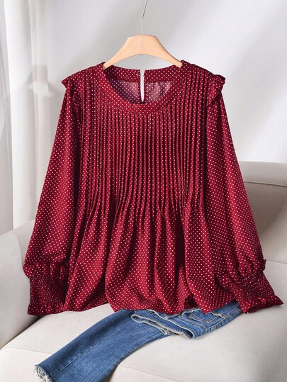 CosyJoli Suéter de talla grande para mujer de cuello redondo y manga larga con estampado de lunares en color camello