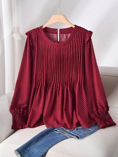 CosyJoli Pull grande taille femme à col rond et manches longues, couleur chameau à pois