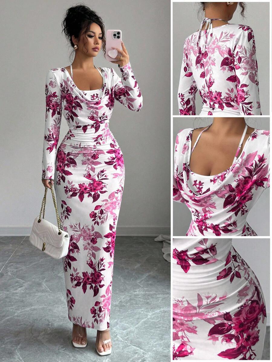 Elenzga Đầm ôm sát cơ thể mini dáng ôm, cổ xếp nếp, buộc eo, họa tiết hoa xanh trắng phong cách mới, gợi cảm, thanh lịch, thu/đông - Màu tím - Xem 1