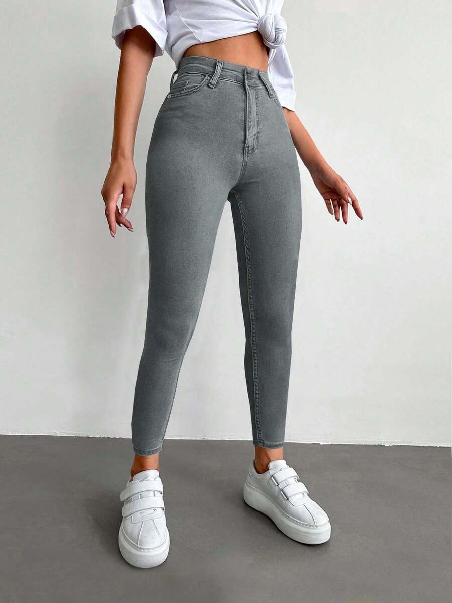 SHEIN PETITE 小号高腰休闲紧身牛仔裤 - 灰色 - 查看 1