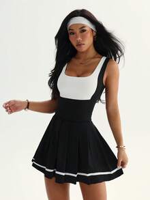 Dewbera Damen Farbblock ärmelloses Sport Kleid mit abnehmbarem gepolstertem BH, plissiertem Rock und kontrastierendem Shorts Futter, geeignet für täglichen Lässig-Stil, Laufen, Yoga, Fitness, Tennis, Golf und andere Sportarten