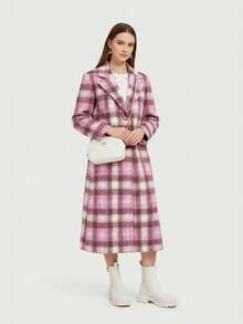 SHEIN MOD Women's Check Pattern Mid-Length Coat, Autumn/Winter Outerwear - Pink - View 5