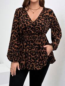 Chikora Plus Size Leopard Print Minimalist V-Neck Long Sleeve Shirt, Casual Everyday Wear - Mocha Brown - View 1