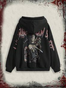 A Nightmare on Elm Street X ROMWE 万圣节恐怖印花宽松拉链连帽运动衫 - 黑色 - 查看 1