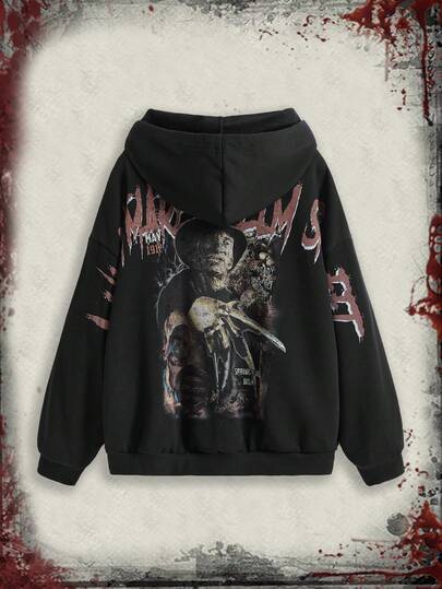 A Nightmare on Elm Street X ROMWE Felpa con cappuccio oversize con chiusura lampo e stampa horror per Ognissanti