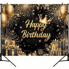 1 Elegant Black Gold Birthday Party Background Banner, Multiple Sizes, Gold Balloon Crown And Fireworks Birthday Theme, Themed Party, Anniversary, Party Decoration, Party Photography Background, Universal Theme, - Multicolor - View 6