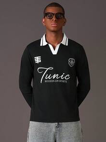 STYNVO Men's Casual Letter Print Long Sleeve Polo Shirt, Autumn - Black - View 4