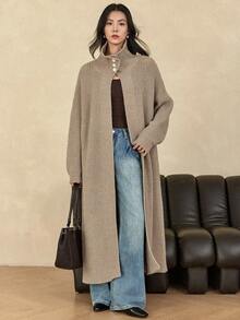 Dazy-Less 女士优雅长款开衫，休闲商务风格，秋冬 - 卡其色 - 查看 1