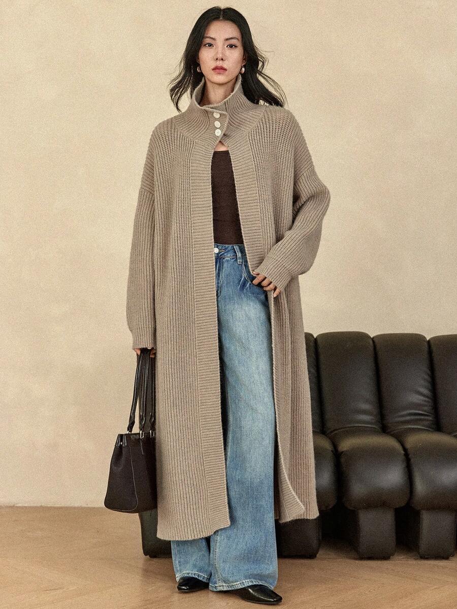 Dazy-Less 女士优雅长款开衫，休闲商务风格，秋冬 - 卡其色 - 查看 1