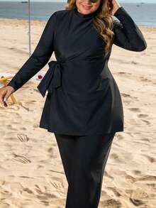 Swim Mulvari Bộ đồ bơi rộng rãi, buộc eo hai bên, màu trơn cỡ lớn dành cho nữ, giúp thon gọn và che khuyết điểm, chống nắng, đi nghỉ - màu đen - Xem 6