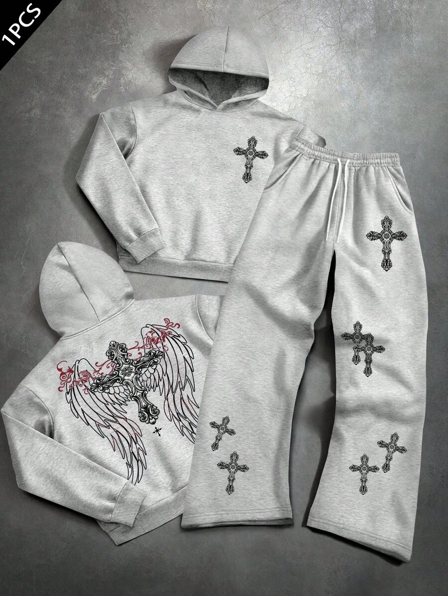 PAVTROS Cross Angel Wings Men's Autumn/Winter Hoodie And Flared Pants 2 Pieces Set - Grey - View 1