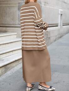 SHEIN Striped Pattern Drop Shoulder Sweater & Knit Skirt - Khaki - View 3