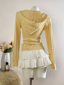 Sweetra 女式简约甜美黄色长袖连帽拉链开衫针织毛衣，秋冬 - 黃色 - 查看 2