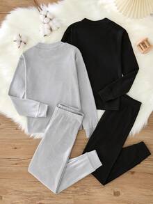SHEIN 2件套青少年男孩休闲舒适贴身立领长袖家居服套装 - 彩色 - 查看 2