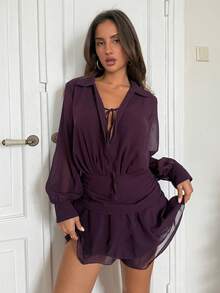 Aloruh Women's Fall/Winter Elegant Purple Chiffon Layered Ruffle Hem Mini Dress With Front Tie Waist,Winter Dresses For Women,Elegant Party Dresses For Women ,Elegant Dress Women,Women Dating Dress,Women Night Out Dress,Wedding Guest Dress Women ,Sun Dresses For Women ,Elegant Dresses For Party Birthday Dresses For Women
