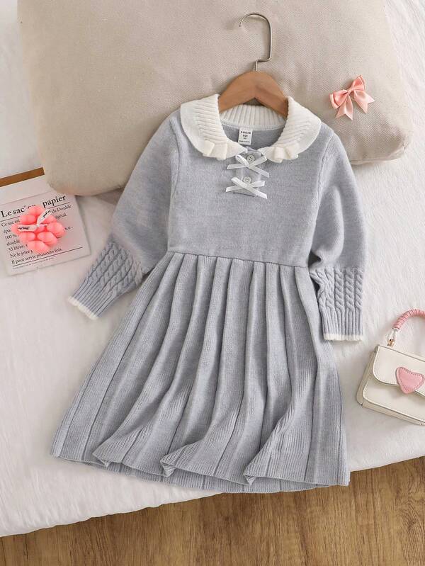 Genkimix Kids Cute Girl Sweater With Color Blocked Peter Pan Collar, Long Sleeved Knitted Contrasting Bow Decoration, Pleated Woolen Dress