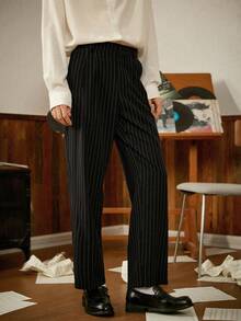 RivetRise Men's Fashionable Versatile Commuter Striped Suit Pants - Black - View 6