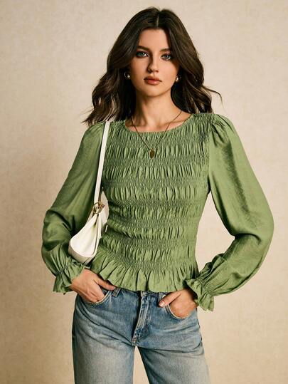 Poéselle 女式纯色圆领长袖百褶修身时尚衬衫