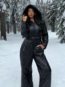 SHEIN EZwear Women's Thick Quilted Black Padded Coat, Suitable For Skiing, Autumn/Winter - Black - View 5