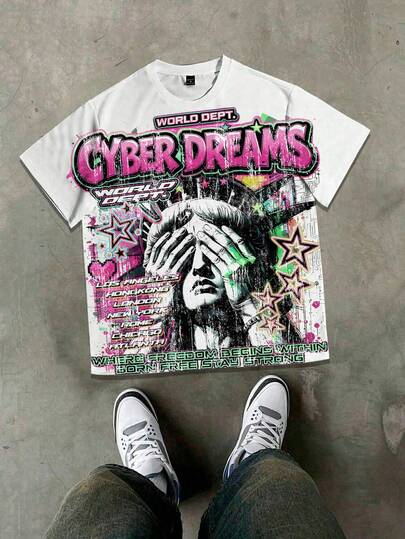 Manfinity EMRG Men's Cyberpunk Liberty Statue Print T-Shirt | Retro Future Star Pattern Short Sleeve Top | Cool Street Hip-Hop Loose Crew Neck Tee | Personalized Cyber Punk Style Fashion Item, Round Neck Short Sleeve Casual Summer Versatile All-Over Print T-Shirt
