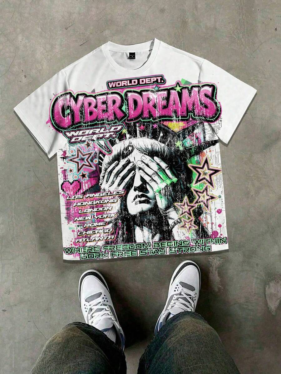 Manfinity EMRG Men's Cyberpunk Liberty Statue Print T-Shirt | Retro Future Star Pattern Short Sleeve Top | Cool Street Hip-Hop Loose Crew Neck Tee | Personalized Cyber Punk Style Fashion Item, Round Neck Short Sleeve Casual Summer Versatile All-Over Print T-Shirt - Multicolor - View 1