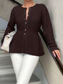 EURMUSE Knitwear Peplum Hem Cardigan With Fancy Buttons - Brown - View 6