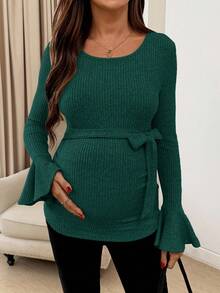 SHEIN Maternity Casual Solid Color Ribbed Waist Flare Sleeve T-Shirt Green Maternity Top Dress For Pregnant Women Pregnancy Clothes Green Maternity Dress Maternity Clothes Fall Winter