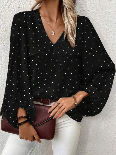 EMERY ROSE Plus Size Women's Elegant Minimalist White Polka Dot Print Shirt, Suitable For , Back To School Season, Teacher's Day Black Polka Dot Blouse Polka Dot Shirt Women Blouses Long Sleeve Polkadot Blouse Women Long Sleeve Blouse Lantern Sleeve Blouse V Neck Blouse Women Blouse Polkadot Top Women Blouse,Flower/Spring/Summer/Vacation