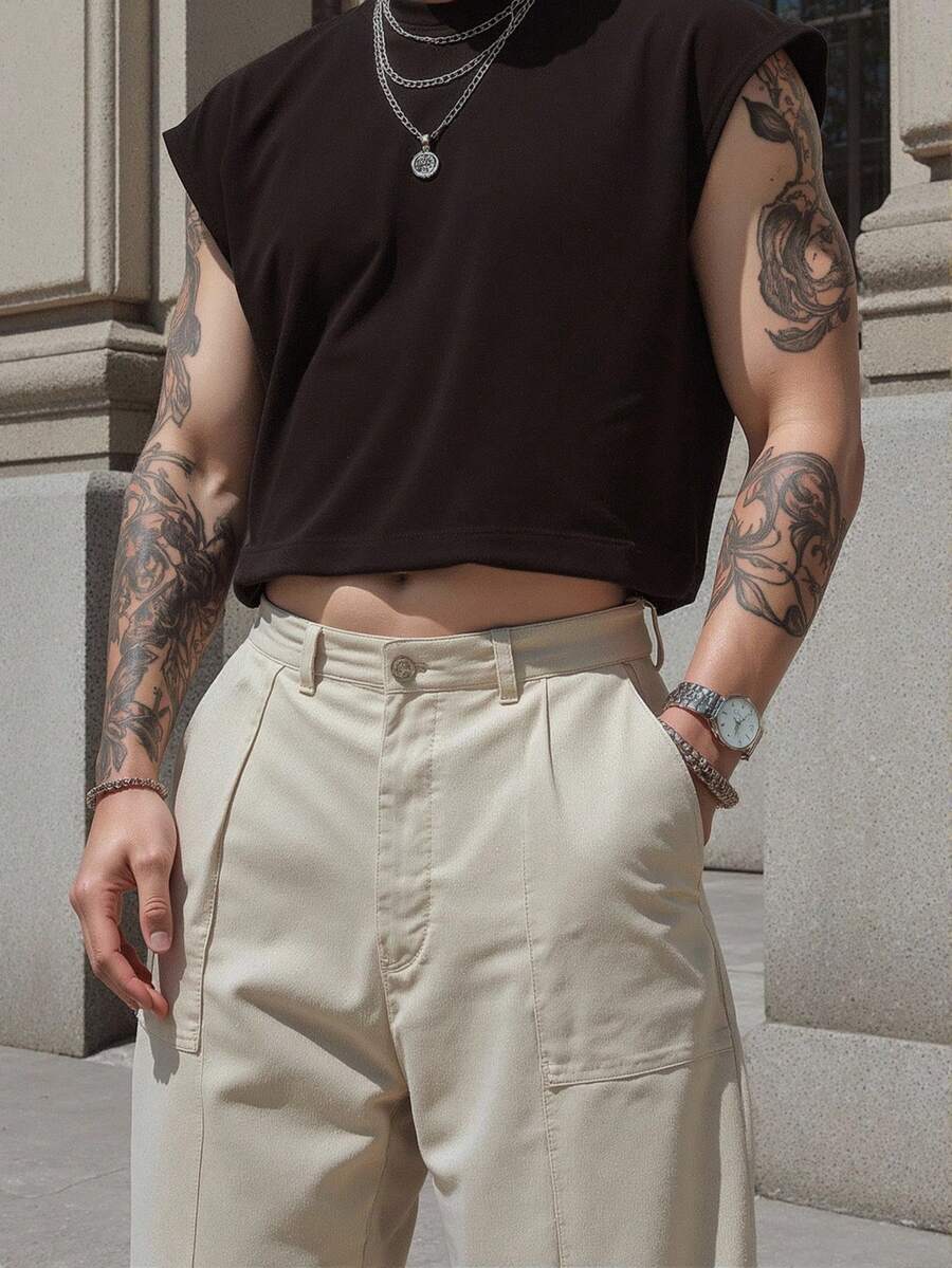 SHEIN Manfinity Dauomo 男士休闲纯色短袖 T 恤,夏季 - 巧克力棕 - 查看 1