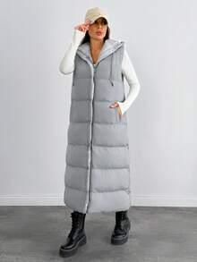 EURMUSE Sleeveless Long Hooded Padded Coat, Solid Color, Winter - Grey - View 3