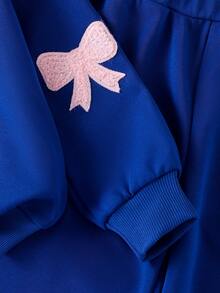 2件套女童藏蓝色毛巾刺绣蝴蝶结花卉长袖圆领卫衣上衣和裤子套装，儿童时尚卡通可爱秋冬装 - 藍色 - 查看 5