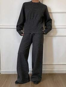 Livesso 女士宽松商务休闲时尚优雅高开叉套头针织衫和阔腿针织裤两件套，秋冬 - 深灰色 - 查看 4