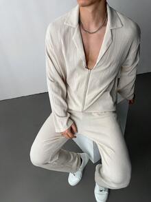 Manfinity Hypemode Completo casual da uomo con camicia a maniche lunghe con chiusura lampo e pantaloni lunghi di colore unito - Bianco - Visualizzare 5