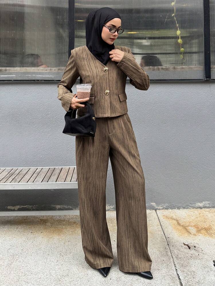 Autumn/Winter Textured Tie-Dye Tie Dye Loose Business Casual Elegant Street Fashion Jacket & Wide Leg Pants Set Modest Fashion