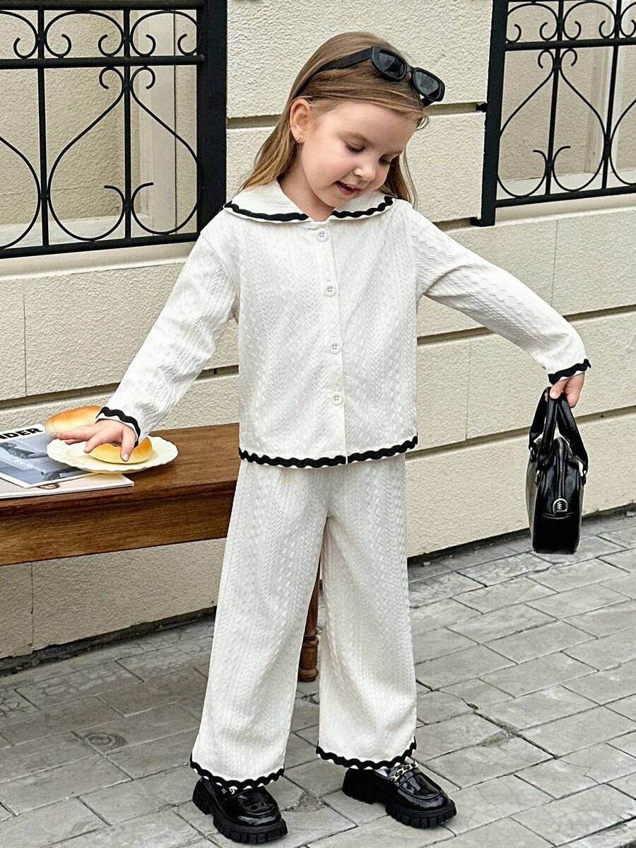 Young Girls Casual Floral Pattern Collared Long Sleeve Cardigan Top Paired With Pants T-Shirt Set - Apricot - View 1