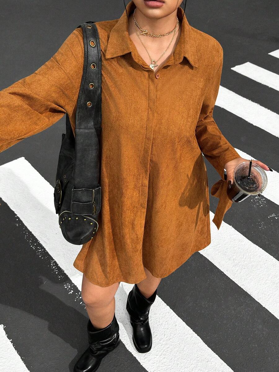 SHEIN EZwear 秋冬大码复古系带绒面革连衣裙 - 棕色 - 查看 1