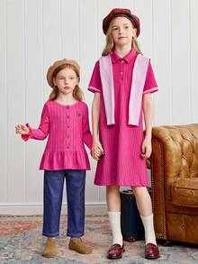 Joliand Joliand 1 件青少年女孩优雅学院风休闲都市可爱小狗装饰条纹 Polo 领罗纹短袖连衣裙，适合外出、聚会、返校、夏季和秋季 - 玫紅色 - 查看 6