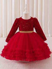 Glamorique Kids 圣诞快乐驯鹿圣诞夜圣诞派对一品红圣诞节年轻女孩礼服派对装圣诞老人礼服新年礼服，女童公主薄纱泡泡袖礼服独奏钢琴表演舞台礼服，圣诞节儿童舞会礼服，亮片 - 紅色 - 查看 3