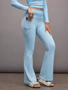 Activina Women's Solid Color Ruched Waist Flare Yoga Pants - Baby Blue - View 1