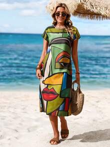 Sylviya 夏季女士抽象人脸印花圆领蝙蝠袖休闲T恤裙，度假风 - 彩色 - 查看 1