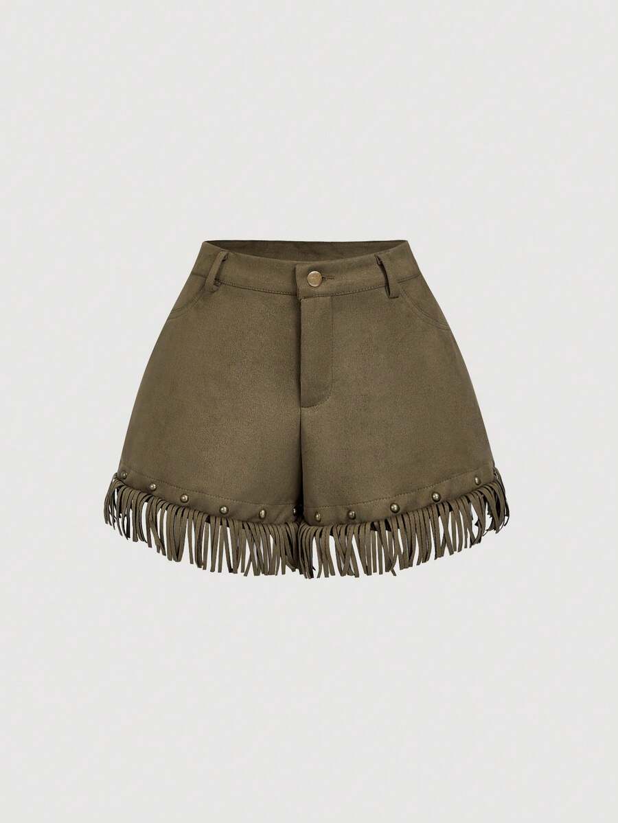 SHEIN MOD Quần short thời trang tua rua túi màu trơn cho nữ - xanh quân đội - Xem 1