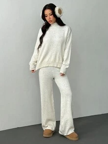 SHEIN PETITE 女士休闲舒适简约时尚宽松针织毛衣和高腰弹力休闲裤两件套，秋冬 - 杏色 - 查看 3