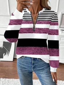 EMERY ROSE Women's Fashion Sweatshirt, Crew Neck, Long Sleeve, Half-Zip, Contrast Ribbed Collar, Cuffs And Hem, Asymmetrical Striped Print, Grey - Multicolor - View 5