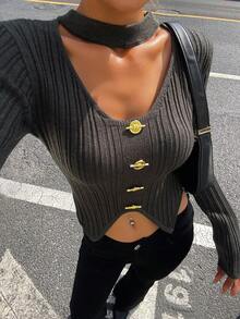 DAZY Autumn/Winter Fitted Turtleneck Knit Sweater With Metal Button Decor, Hollow Out, Halter Neck, High Slit, Fashionable & Elegant For Party, New Year, Christmas, Women