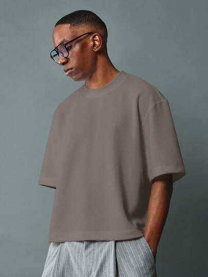  SUMWON Crop Fit Men's Oversized Drop Shoulder T-Shirt Short Sleeve Relaxed Fit Casual Crewneck Tee Summer Essential Streetwear Plain